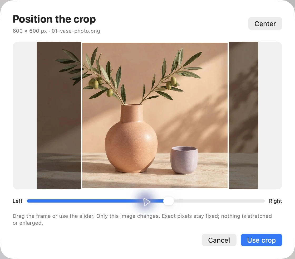 LittleFit’s crop editor showing a square frame moved horizontally on the vase photo.